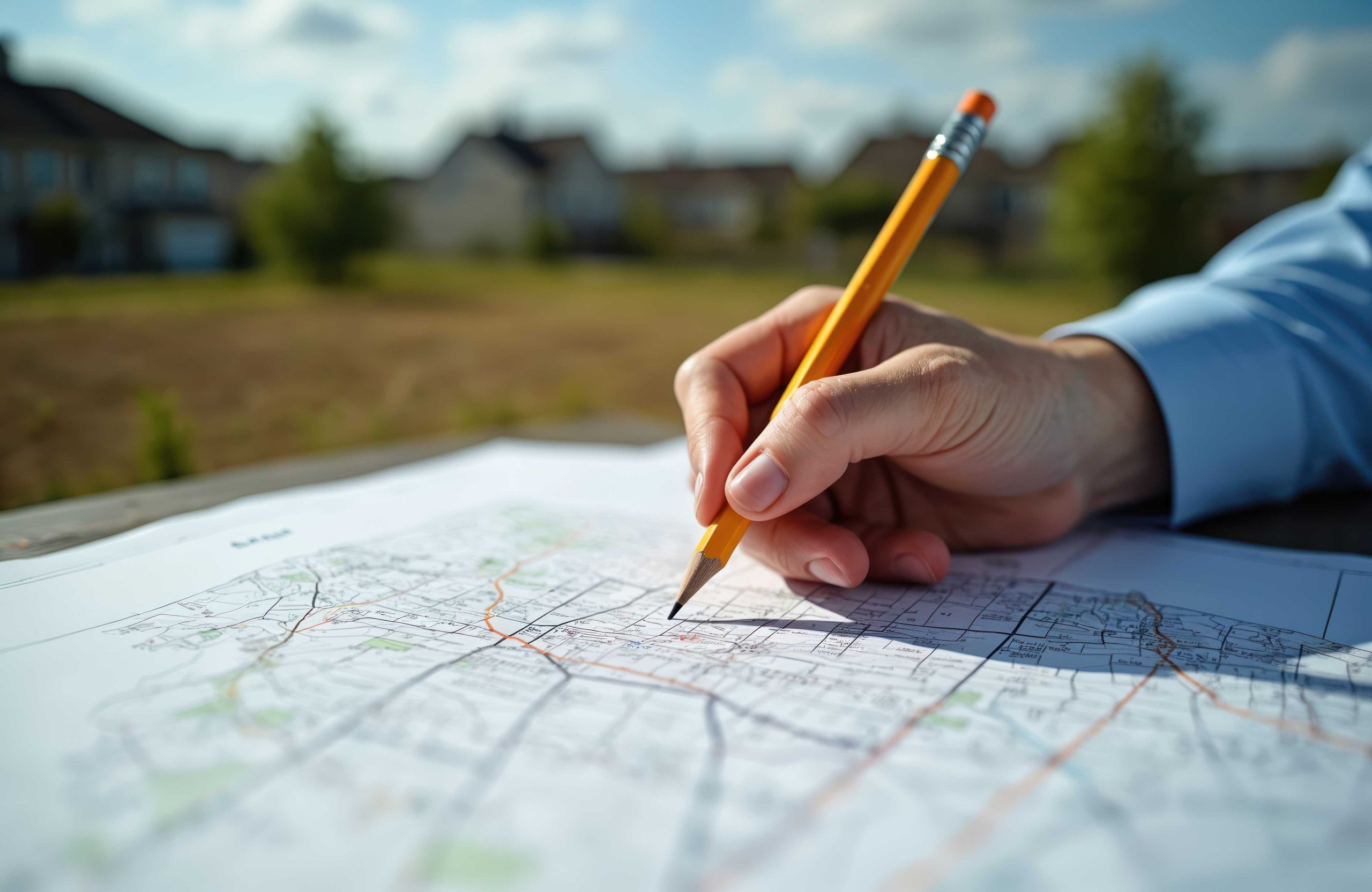 Commercial_Title_Insurance - Cedar Springs Title Company Close-up of a hand tracing routes on a map with a yellow pencil outdoors.